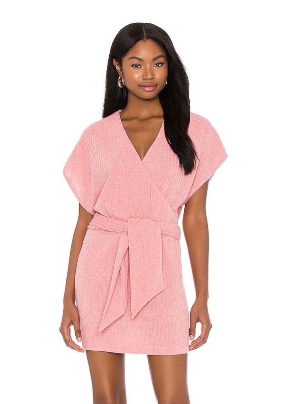 SAYLOR Pink Ribbed Wrap Sleep Dress with Self-Tie Belt